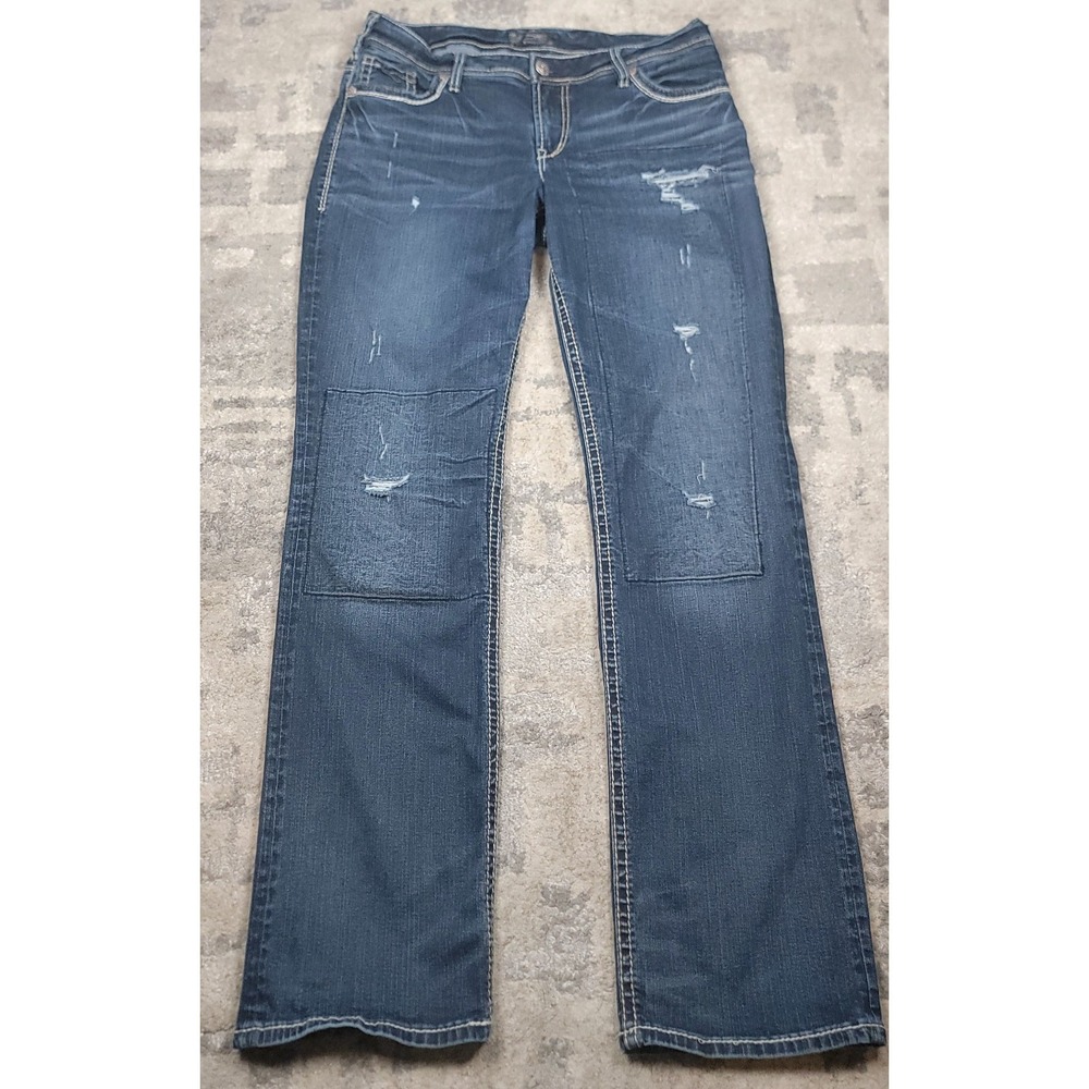 Silver Suki Mid Slim Bootcut MidRise‎ Double Knee Blue Denim Jeans Sz 12 33x32.5
